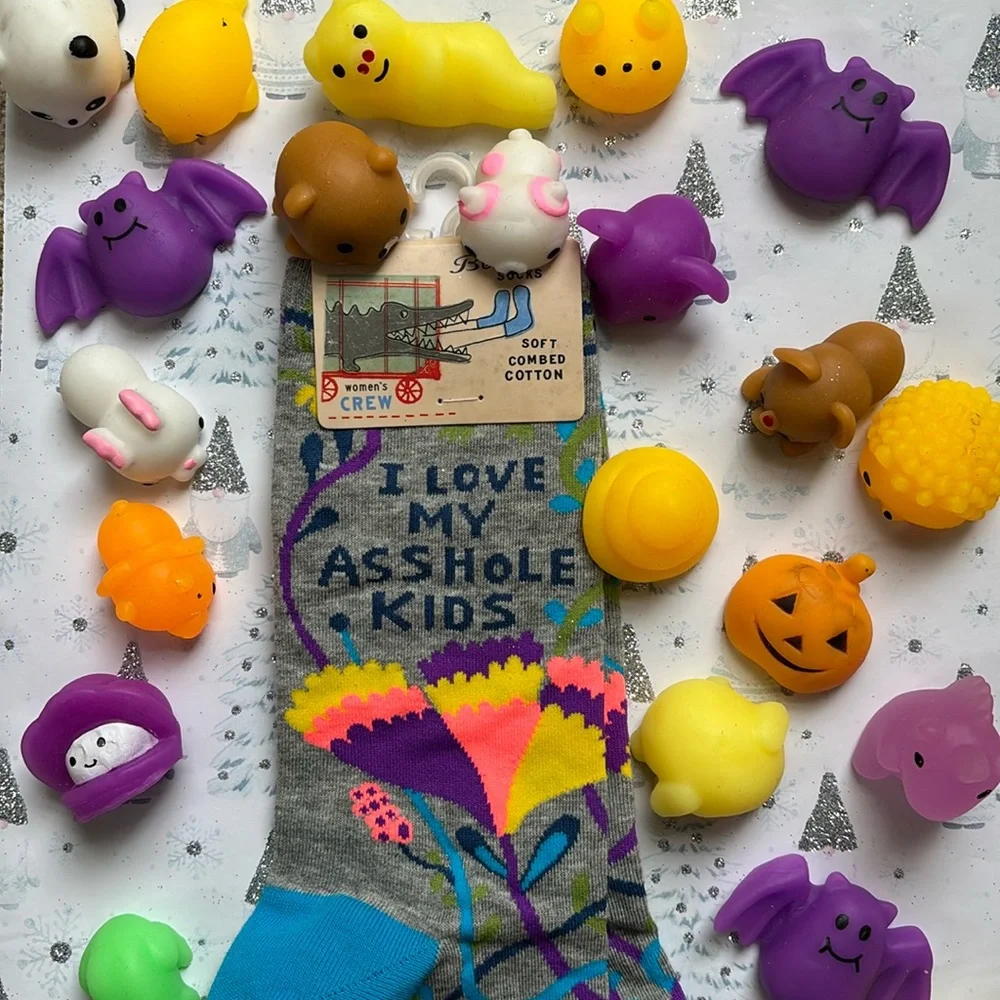 Blue Q women’s crew socks “I love my A$$hole kids” NWT + 30 squishies